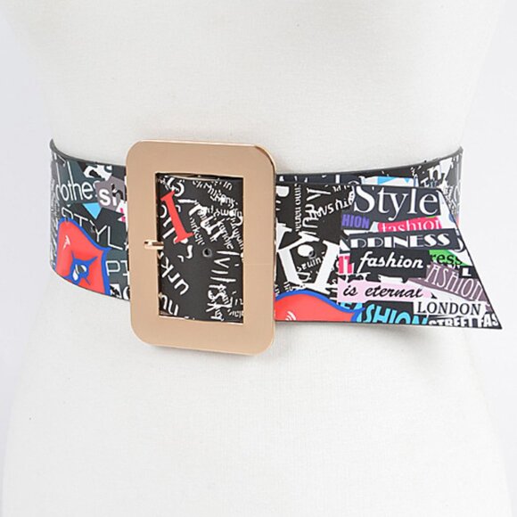 BNWT Mix Color Magazine Printed Fashion Wide Belt - Picture 2 of 4
